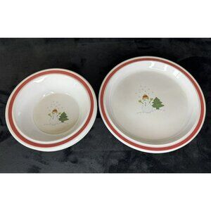 Pottery Barn Kids Christmas Melamine 2 Plates 4 Bowl Set With Snowman Design
